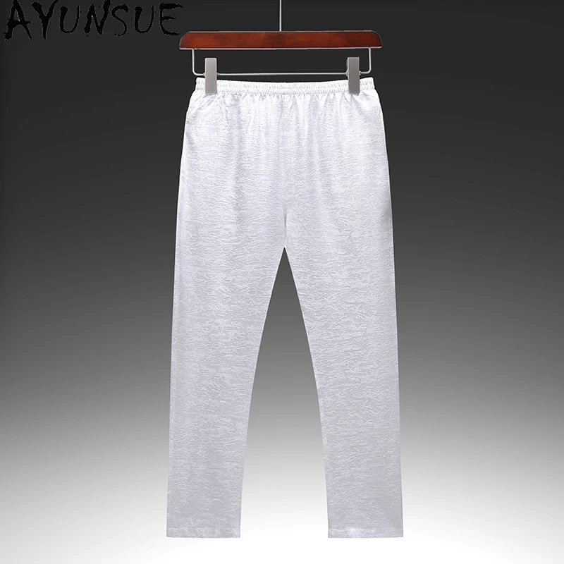 AYUNSUE 100% 桑シルクパンツ男性のファッション衣類唐装ズボンメンズシルクサテンパンツ弾性ウエスト薄いパンツ 바지