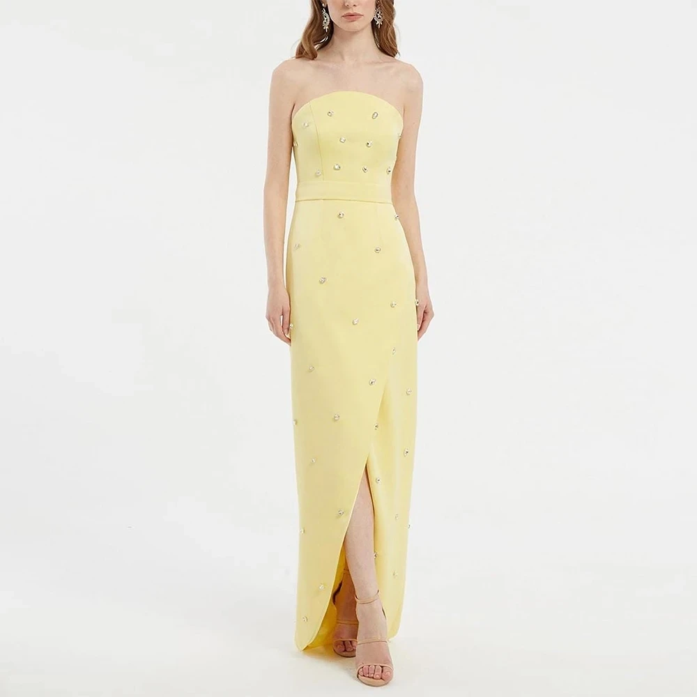 

2025 Modern Formal Evening Dress Strapless Sleeveless Silt Rhinestones Long Sheath Prom Pageant Party Gowns Robe De Soireee