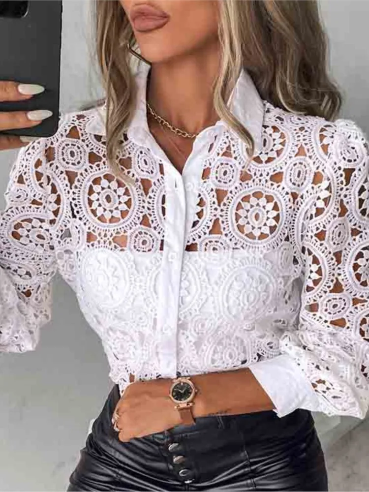 White Lace Patchwork Shirt Blouse Women Spring Summer Unlined Long Sleeve Shirts For Women 2024 Fashion Hollow Out Vintage Tops