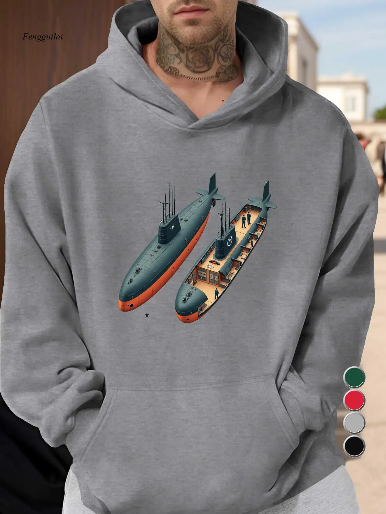 

Hoodies with Interior Isometric Submarine Cross Section | Casual Style, Hooded, Non-Stretch Fabric, Loose Fit
