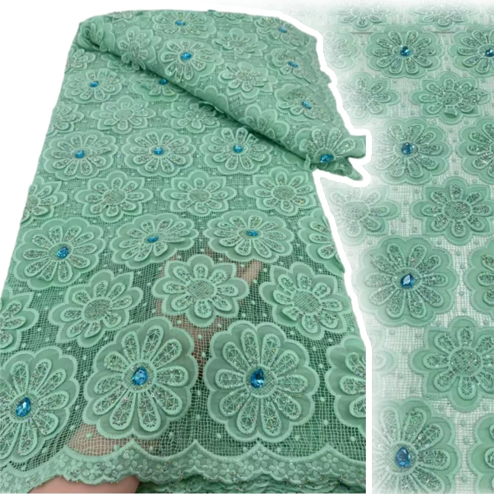 

Высококачественный африканский гипюровый шнур 2025, роскошная нигерийская молочная волокно, водорастворимая кружевная ткань с каменными драгоценными камнями и блестками AH1361