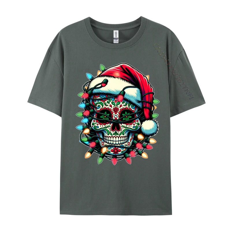 Christmas Sugar Skull Santa Hat Lights Day Of The Dead X-Mas Tshirts Men Tee Tops Cotton Oversized T Shirt Men Clothes