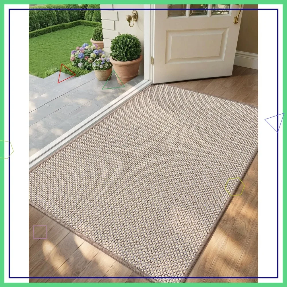 

Ultra-Thin Indoor Door Mat 48x72 Low-Profile Non-Slip Entryway Rug Geometric Texture Washable Khaki