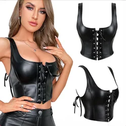 Kobiety PU Leather Bustier Corset Crop Tops Tie-up Tank Top Court Cami Gothic Punk Push Up Top Bra Victorian Stanik Shapewear Kamizelka