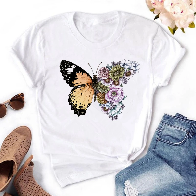 Beautiful Butterfly Print Women t shirt 5 colors Short Sleeve O-Neck t-shirt Does not fade Tops Tee Shirt