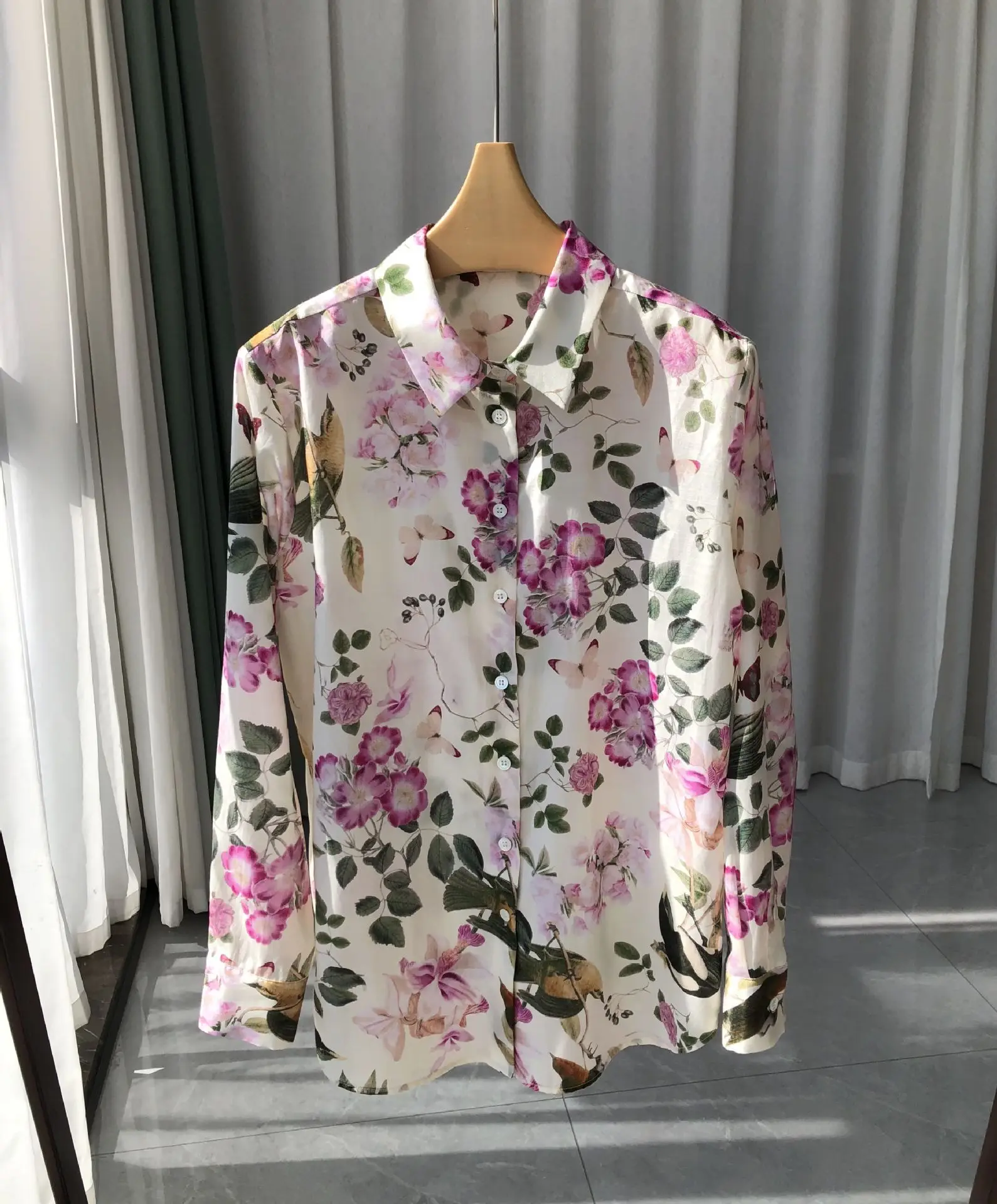 BirdTree 30%Real Silk Watercolor Printing Shirt For Women, 2024 Spring Long Sleeve Lapel Blouse, Elegant Versatile Tops T41559QC