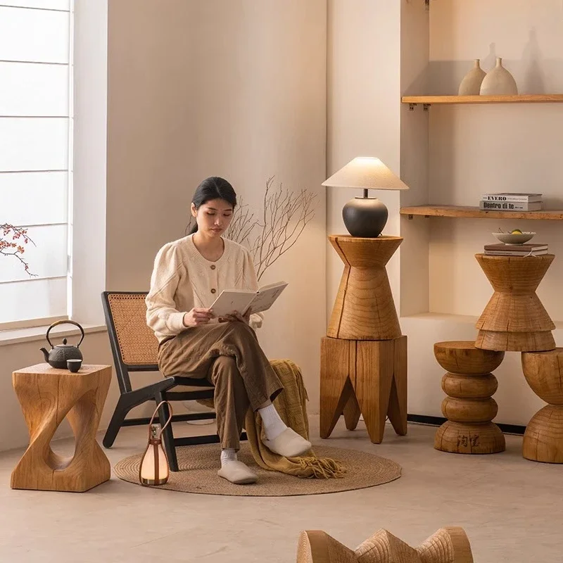 Solid Wood Coffee Tables Natural Stump Stools for Living Room Rustic Round bedside cupboard Hand-Carved Root sofa End Tables