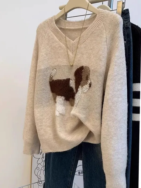 

Очень большой свитер 300 Pou Dog с v-образным вырезом и енотом Fce, женская осенне-зимняя внутренняя одежда, мягкий вязаный свитер Lazy Sle