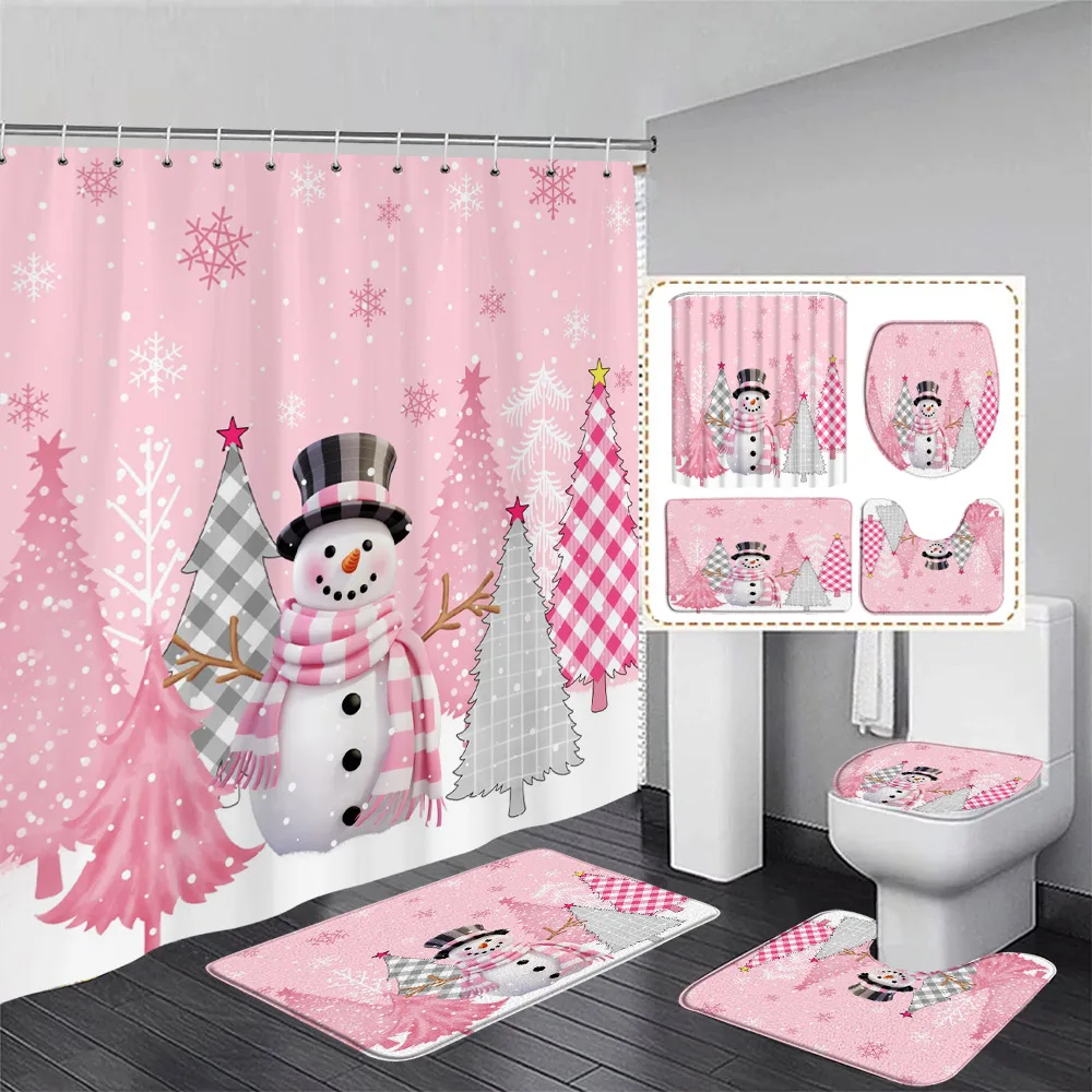 Red Christmas Shower Curtain Set Funny Santa Claus Snowman Xmas Tree Gifts Snowflake Home Decor Bathroom Bath Mat Toilet Cover