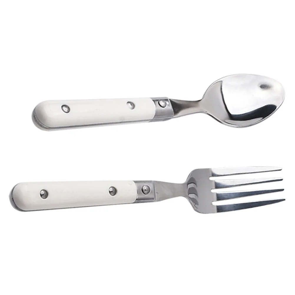 2 Pcs Children's Fork and Spoon Flatware Kid Eating Cutlery Tableware Plastic Stainless Steel Lovely