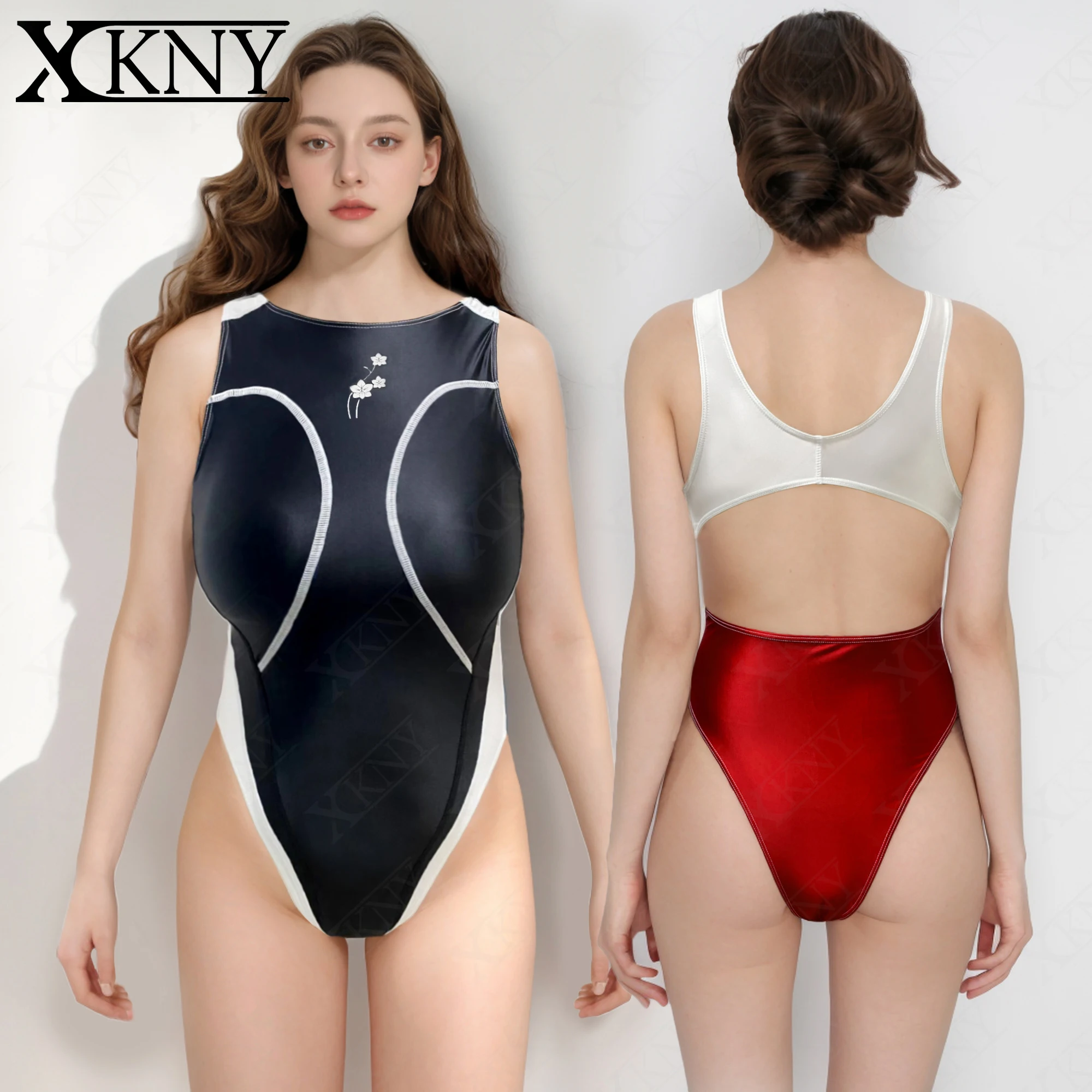 

XCKNY satin glossy swimsuit colour matching swimsuit briefs Bareback Hot Spring high fork oil swimsuit