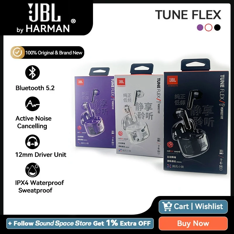 100% Original JBL TUNE FLEX True Wireless headphones 12mm Driver Unit Bluetooth 5.2 Translucent IPX4  Bluetooth earphone