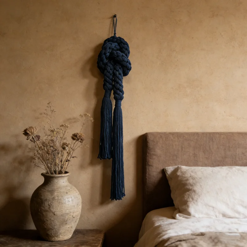 

Handmade Cotton Rope Knot Wall Hanging, Navy Blue Tassel Macrame Wall Art, Boho Aesthetic Home Decor for Entryway