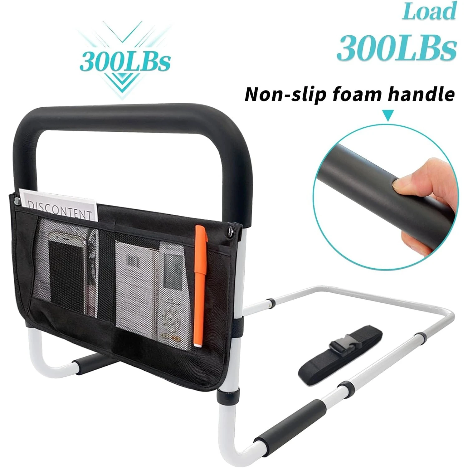 Bed Rails for Elderly Adults Safety with Adjustable Heights Storage Pocket Assist Support Side Railings Seniors Slides (White))