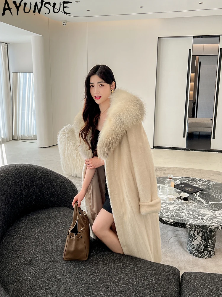AYUNSUE Natural Velvet Mink Fur Coat Woman Extra Long Luxury Whole Mink Coat for Woman Clothes Fox Fur Collar 2025 Кофта С Мехом