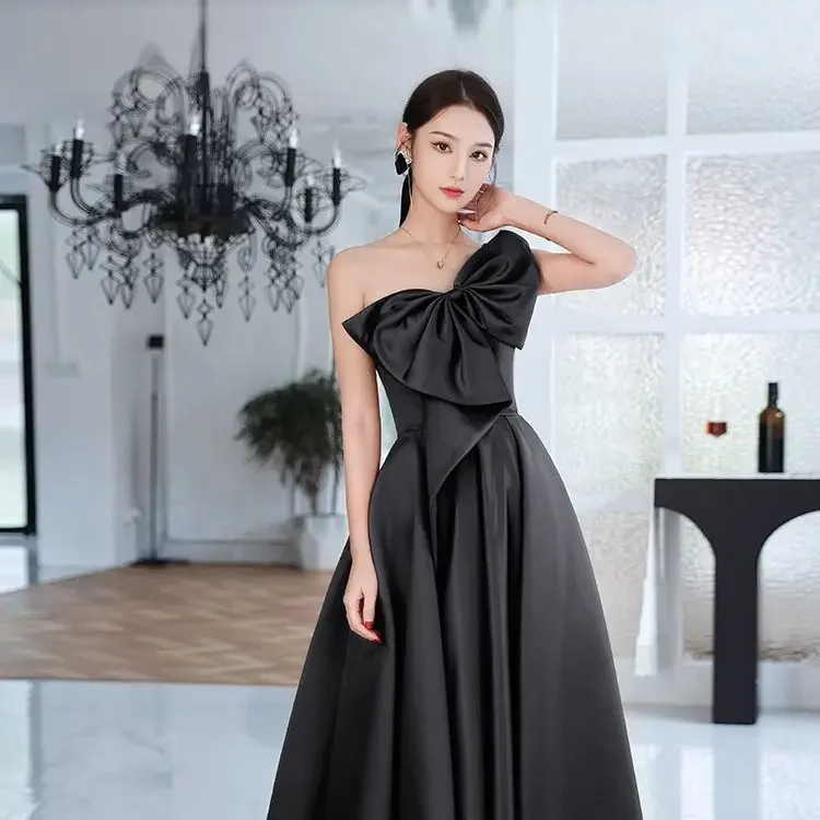 Robe de Soirée en Satin Noir, Tenue de Cérémonie, Simple, avec Nministériels d, pour les Patients, Nouvelle Collection 2025