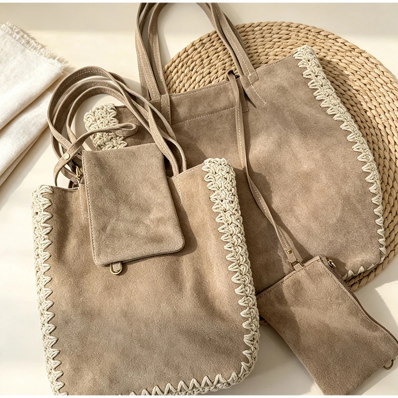 Vintage-Umhängetasche aus Kunstwildleder mit passendem Portemonnaie, Damenhandtasche mit Häkelspitzenbesatz, elegante Colorblock-Tragetasche für Herbst und Winter – Detail 12