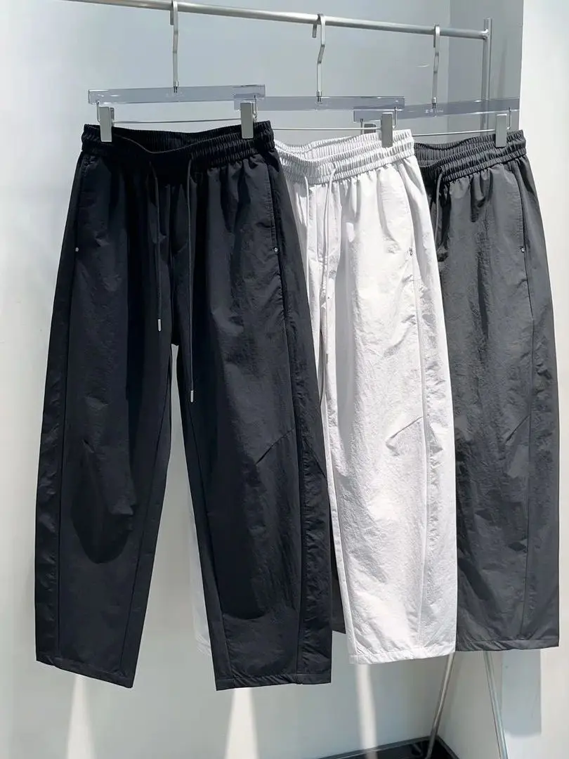 

Summer Ice Silk Loose Straight Leg Casual Pants Men's Trendy Brand Dstring Bend Knife Thin Model Youth Active Sle