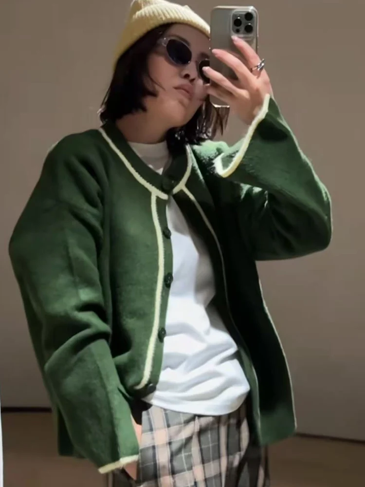 Cardigan de malha casual feminino o pescoço único breasted contraste malhas 2025 outono inverno chique senhoras moda outerwear