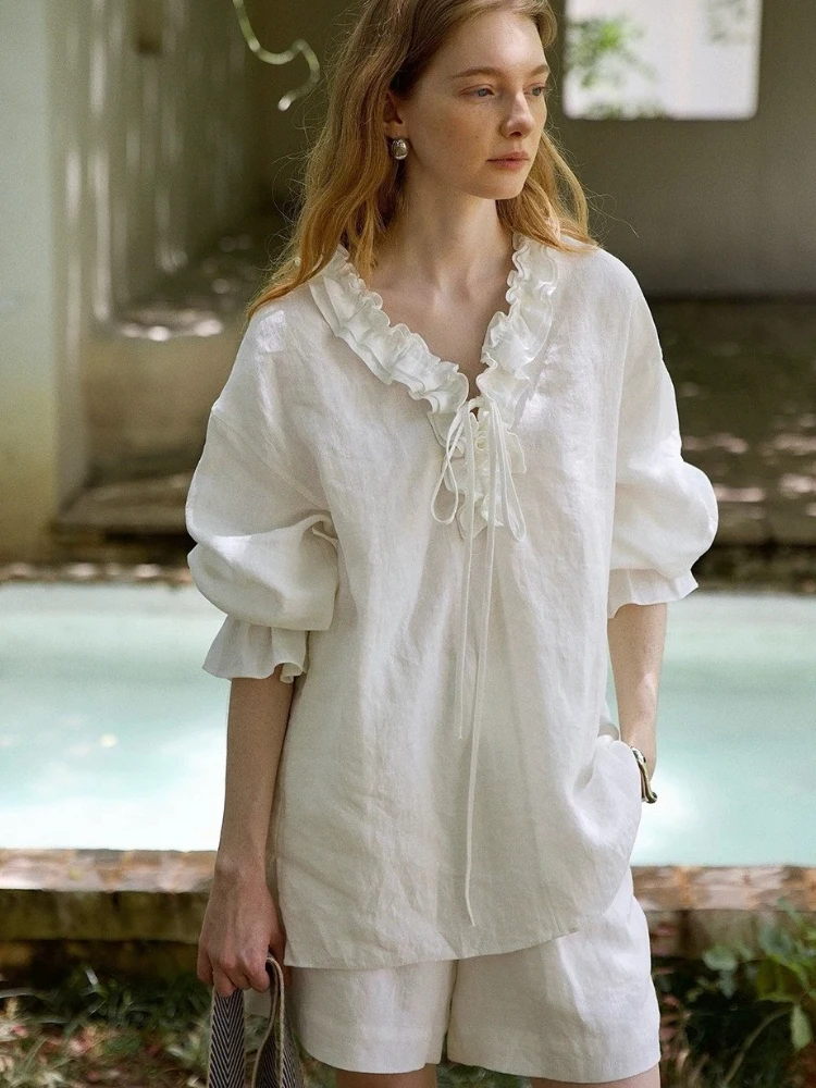 

LIinar 2026 Summer Breathable Loose-fitting Long Sleeve Solid Linen Shirt with Ruffled V-neck and Tie-front