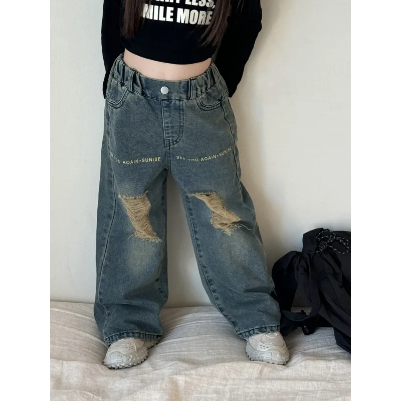 

Princess Yoyo Boys and Girls Retro Make Old Ripped Jeans Children's Autumn New Letter Printed Wide-Leg Pants