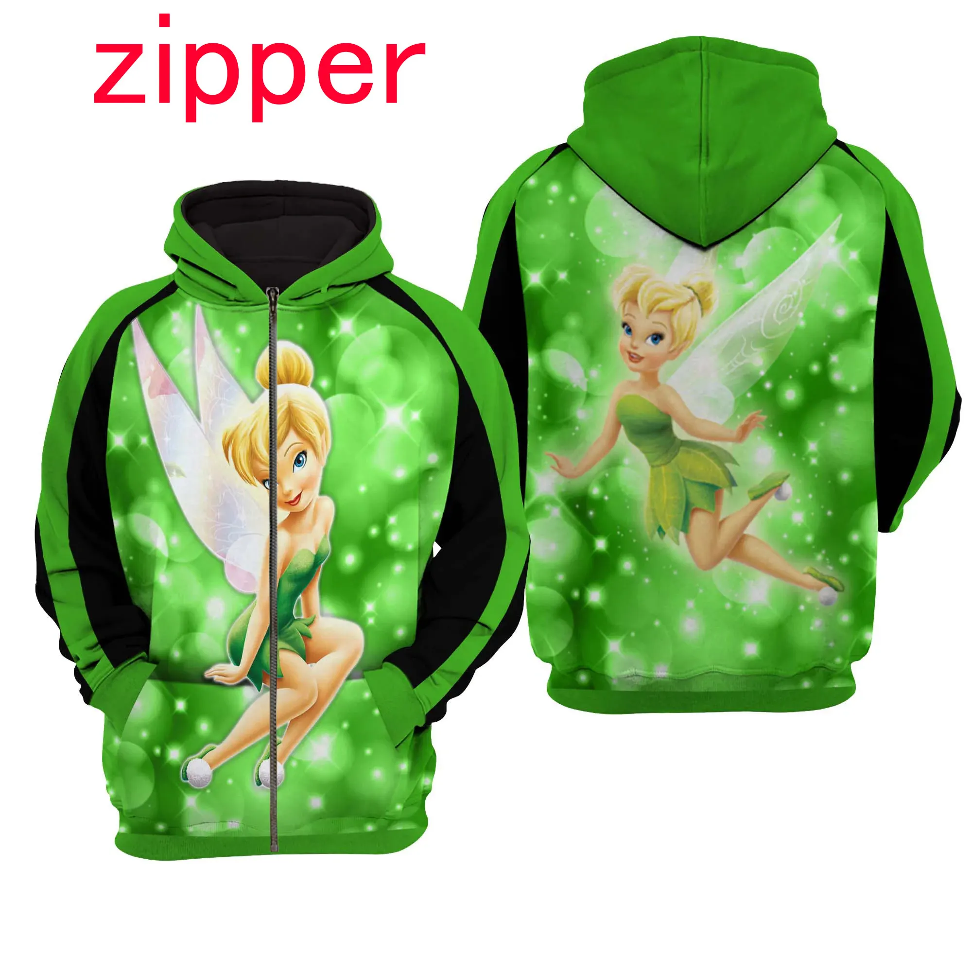 Spring and Autumn 3D Printing Tinker Bell New Men\'s Pullover Women\'s and Children\'s Cosplay Large Fashion Zipper Hoodie