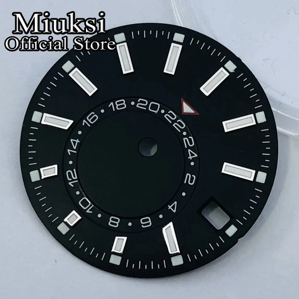 Miuksi 28.5mm black blue green white sterile watch dial green luminous fit NH34 NH35 movement fit 3/3.8 o\'clock crown