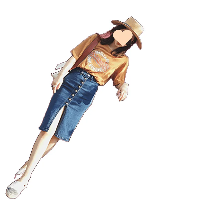 Koreanische Version, einreihiger, elastischer Denim-Midirock mit hoher Taille und schmaler Passform, hüftumarmender Denim-Split-Rock