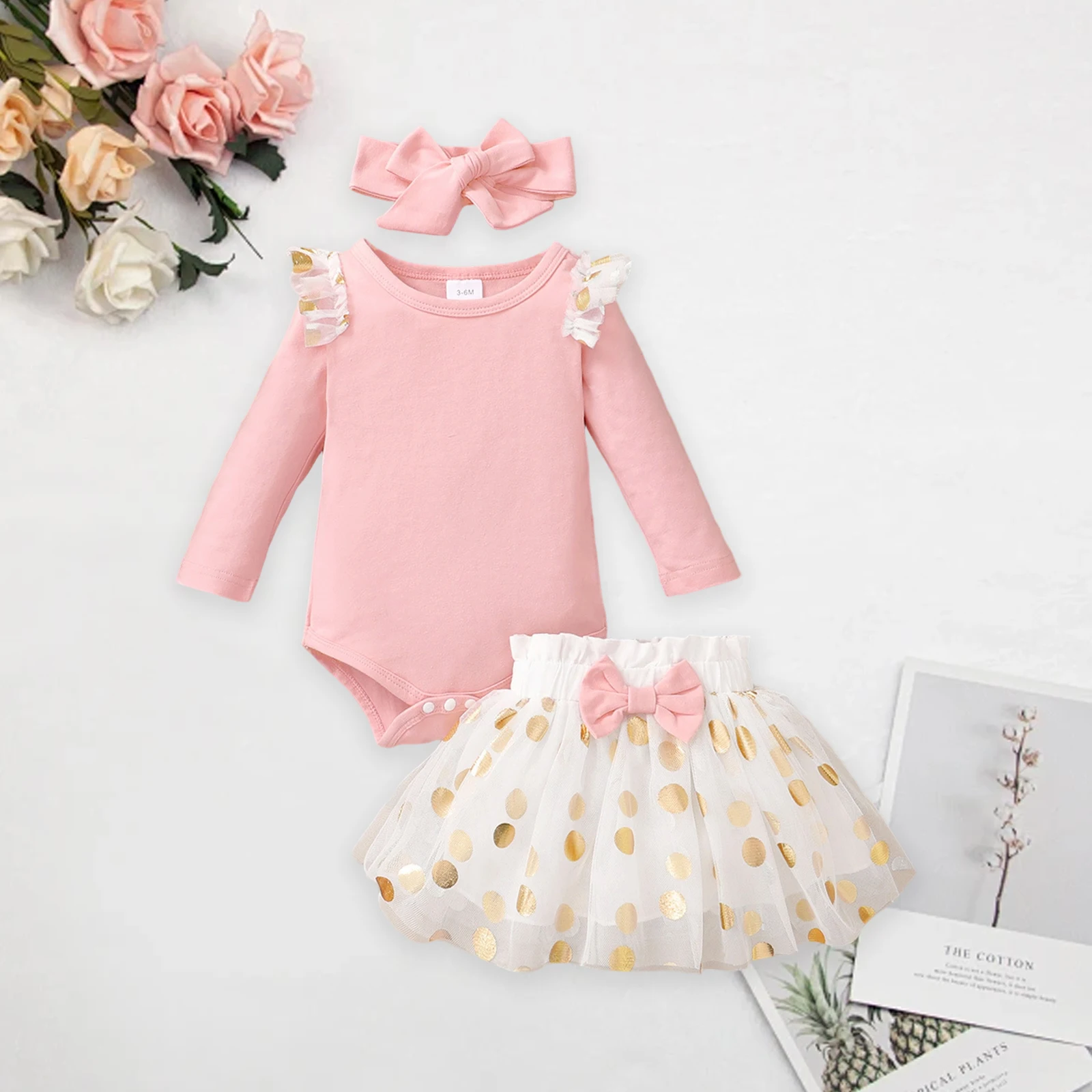 0-24M 幼児ベビー女の子服セット長袖フリルロンパースとドットチュールスカートとヘッドバンド 3 ピース衣装