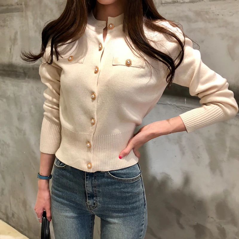 Autumn White Women Cardigan Korean Elegant Pearl Slim Long Sleeve Female Sweaters Fashion New O Neck Ladies Casual Jumpers