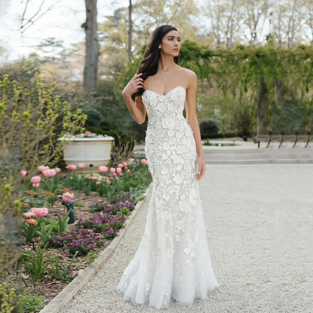 

Flowers Luxury Wedding Dresses 2025 Bridal Mermaid Strapless Zipper Back Applique Lace Elegant Bride Gowns Women Customized
