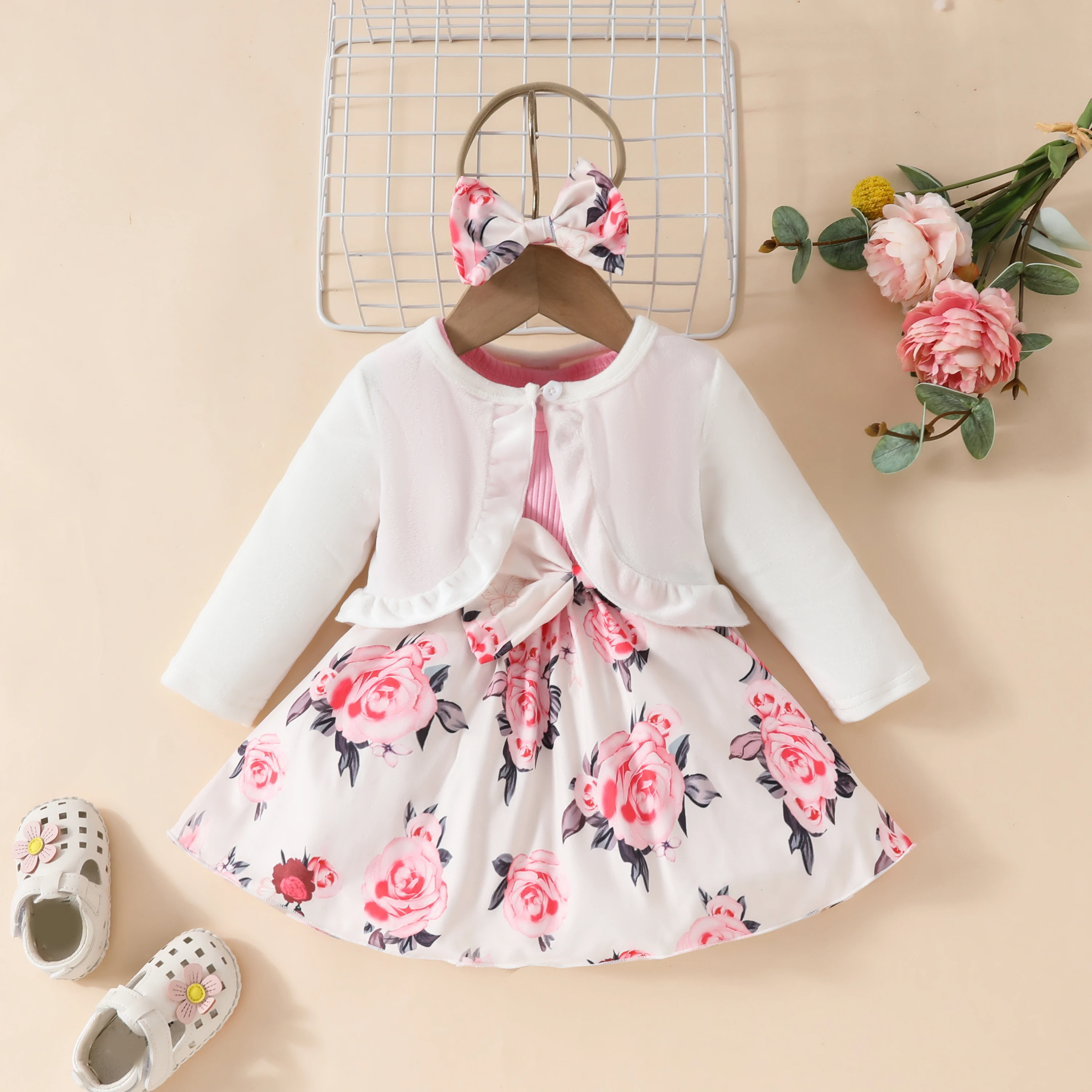 2024 Girls Spring and Autumn new 2Pcs sweet flower dress + cardigan small coat, suitable for children and girls from 0-3Y