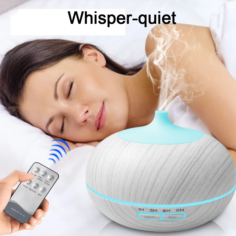550ml Wood Grain Essential Oil Diffuser with Remote 7 LED Colors 6 Oil Set Whisper Quiet Humidifier for Home