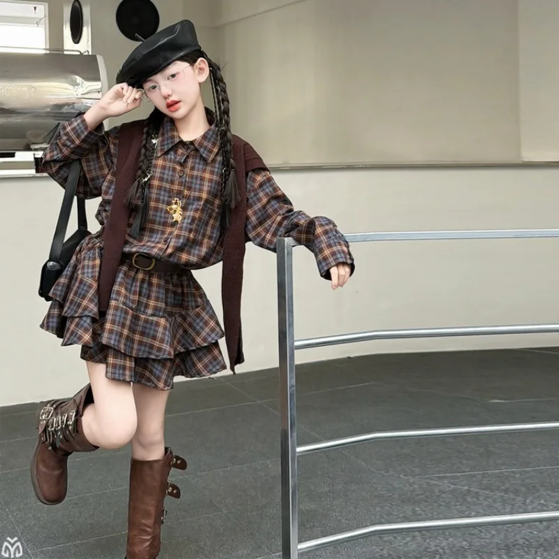 Girls' Retro Plaid Shirt Dress 2026 New Spring Children's Knitted Shawl Waist and Thin Suit Skirt 5-14T