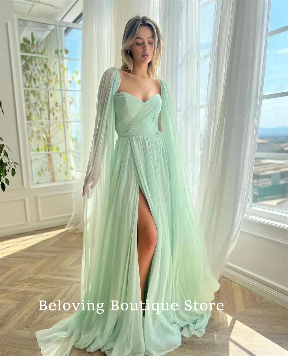 

Beach Mint Green Split Side Celebrity Dresses Cape Sleeves Special Occasion Prom Dress Dubai Women Evening Dress Party Gowns