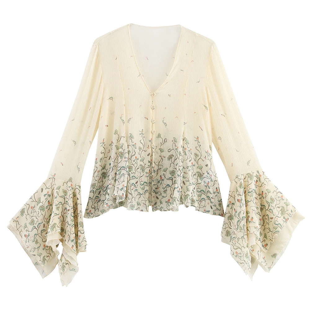 Deeabae Silk Printed Long Sleeve V-Neck Women's Shirt Summer New Arrival French Style Fashionable Top For Ladies