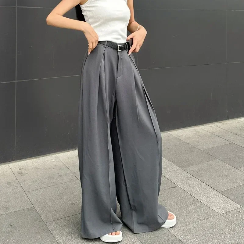 

QWEEK Baggy Casual Grey Suit Pants Woman Korean Fashion Classical Office Ladies Wide Leg Trousers High Waist Basic Pantalones