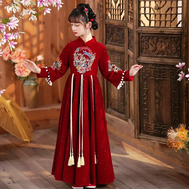 Fairy Hanfu Cosplay Girls Festival  Traditional Chinese New Year Clothing Hanfu Dress Kids Red Stage Performance Costume