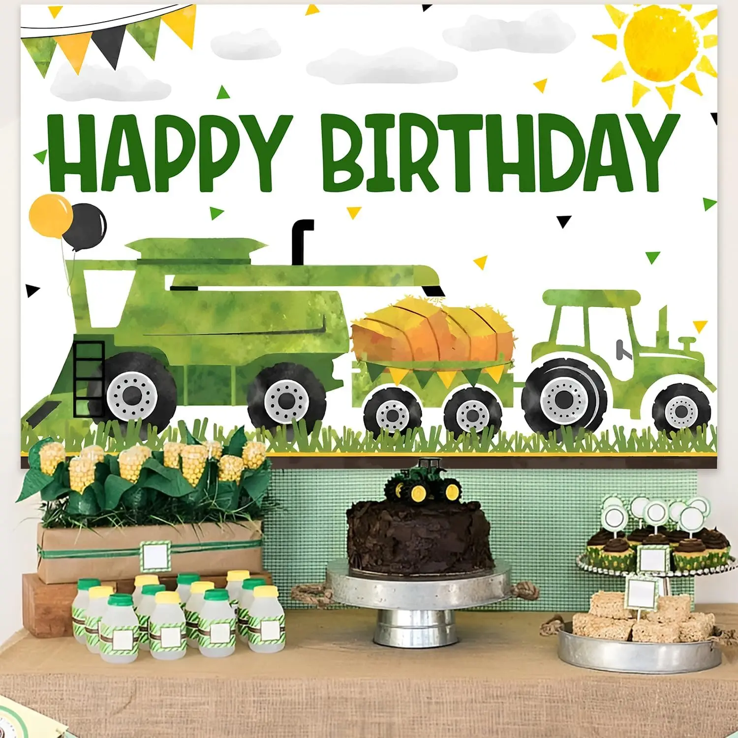 Funmemoir Farm Green Tractor Theme Backdrop Boys Photo Booth Props Farmyard Theme 1st 2nd 3rd Birthday Party Supplies 5x3ft