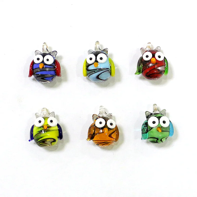 Mini Glass Owl Figurine Pendant Cute Birds Animal Charm Ornaments for Diy Jewelry Necklace Making Accessories or Halloween Decor