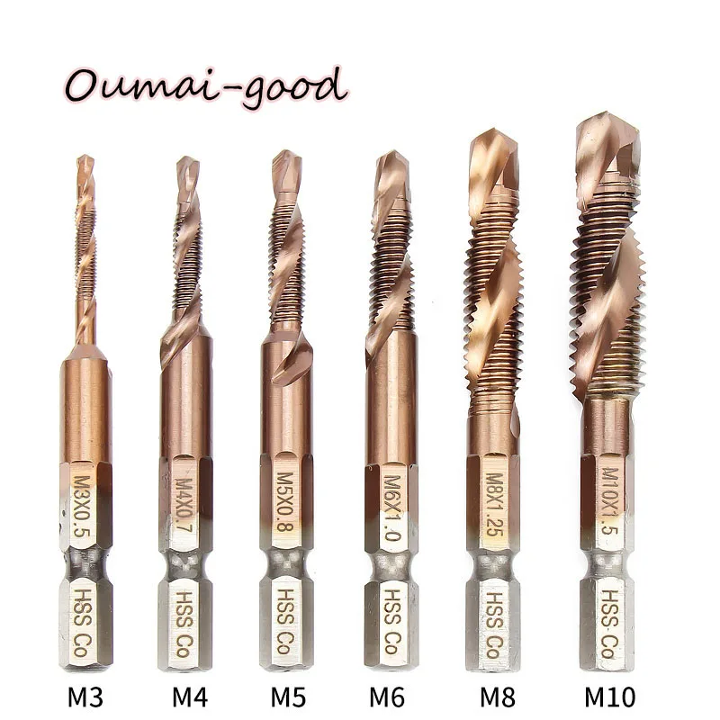 1/6pcs High-speed Steel Taps Drill Bit Set Hex Shank Titanium Plated Screws Thread Bit Machine Compound Taps M3-M10 Hand Tools