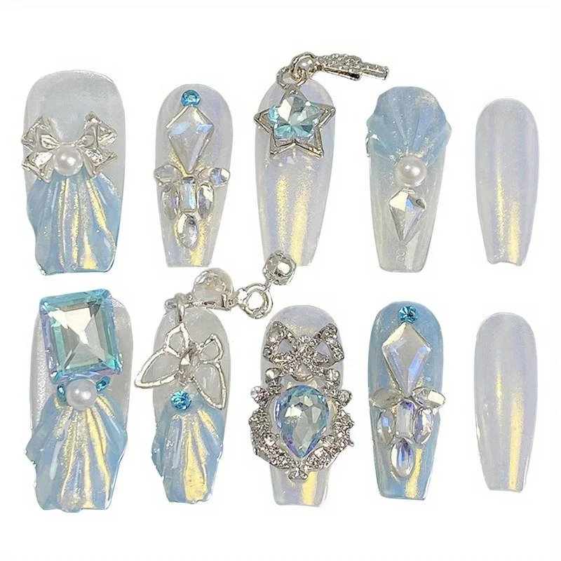 

10pcs Rhinestone Blue White Fake Nail, Pearls Glitter Press on Nails Glossy Reusable Glitter Designs Stick on Nails for Women Ma