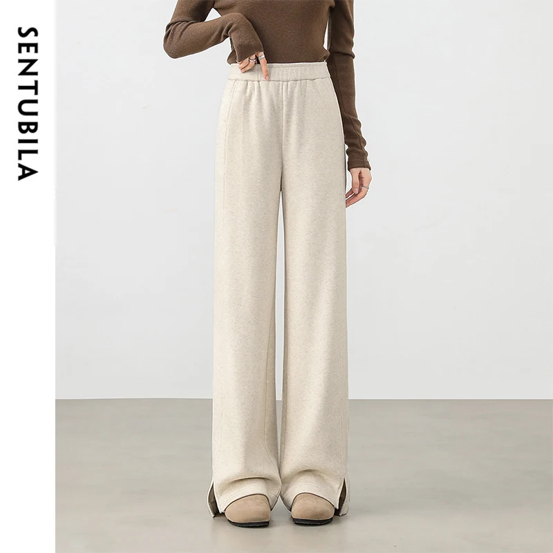 SENTUBILA Wool Blend Fleece Warm Pants Women 2024 Winter Casual High Waist Slit-hem Straight Trousers Woman Clothing 144K58724