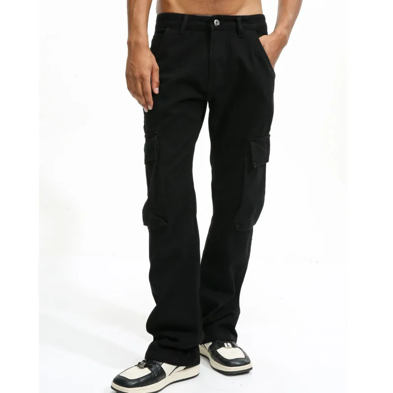 جينز رجالي موضة فور سيزونز موديل 2025 بتصميم أمريكي فيبي متعدد الجيوب بلون داكن وفضفاض بأرجل مستقيمة عصرية #3