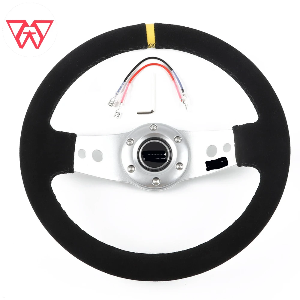 Universal 13 inch 330mm Suede Leather Steering Wheel 2 Spoke Racing Sports Deep Dish Steering Wheel Yellow Stripe