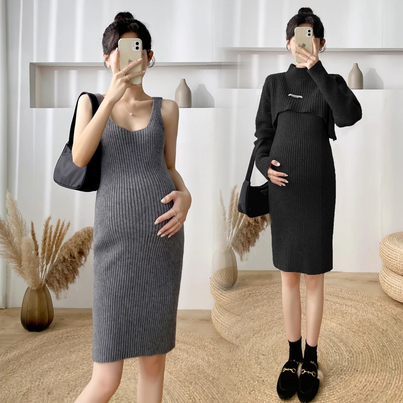 Maternity Winter Thicken Warm Knitted Dress Sets Trench Sling Sweaters Suits Clothes for Pregnant Women Pregnancy