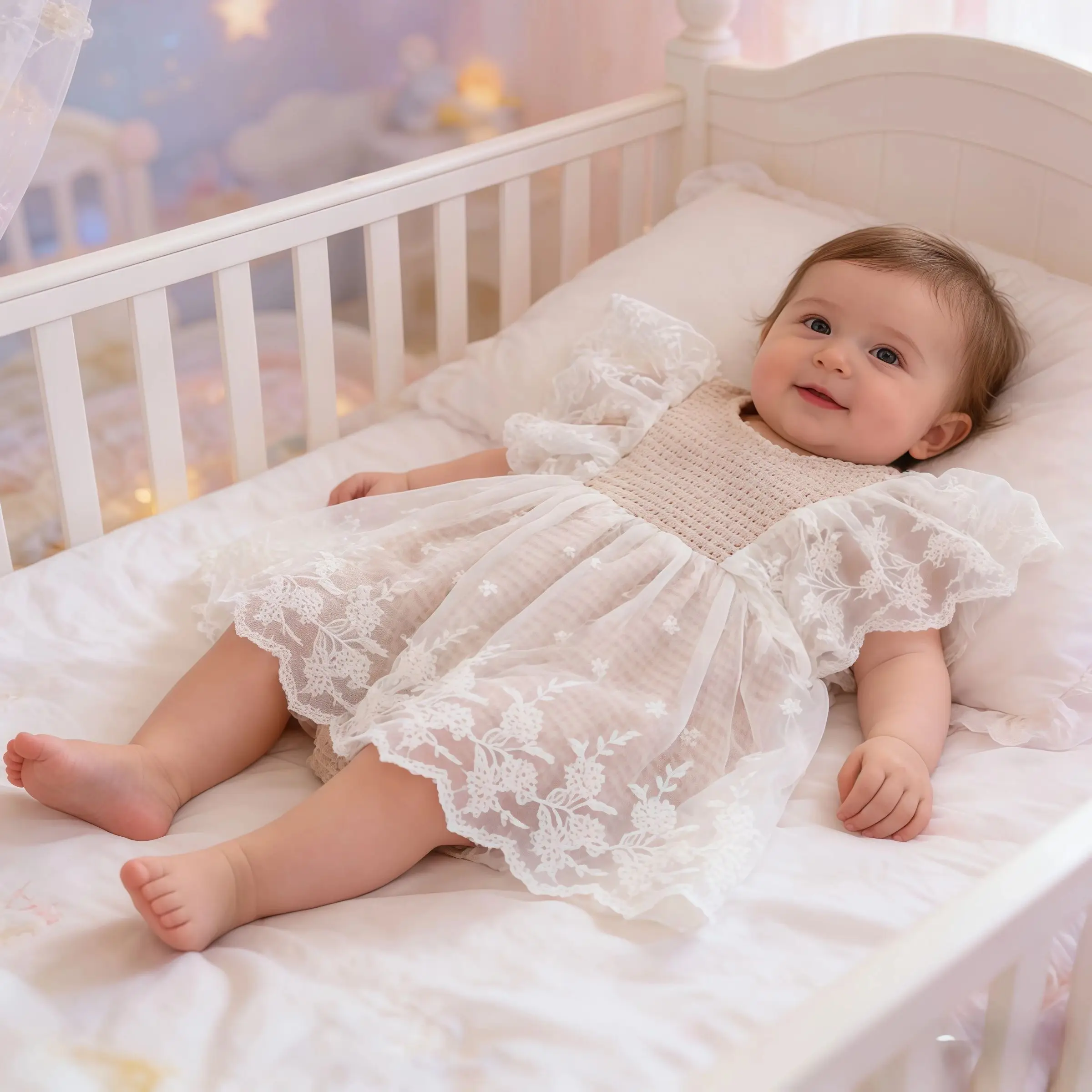 Newborn Clothing Bodysuit Infant Plaid Romper Dress Baby Girls Flying Sleeve Summer Lace Jumpsuit Sweet Toddler Clothes 3-24M
