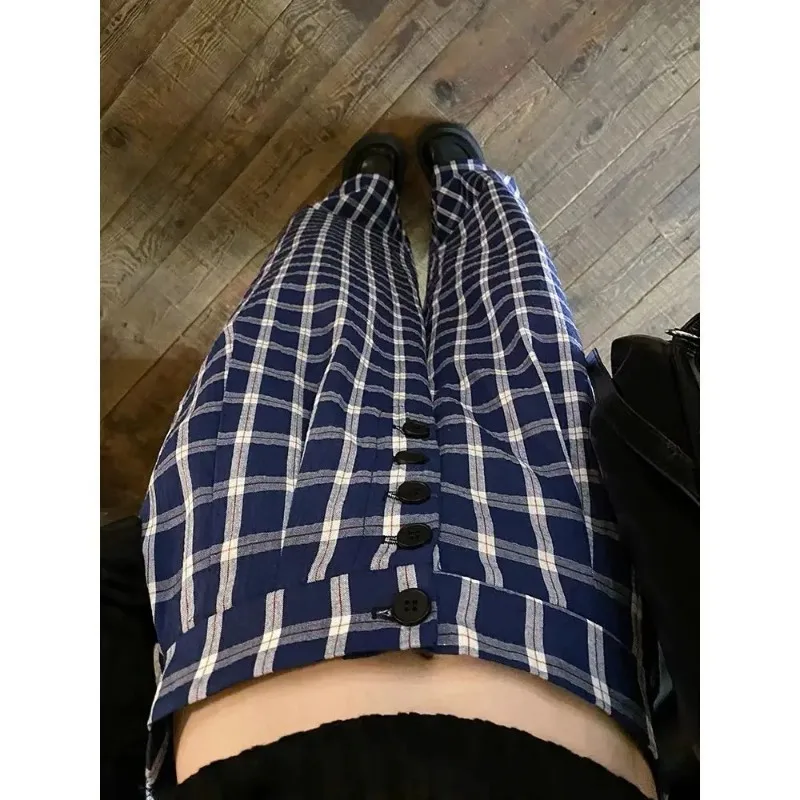 2025 New Spring Retro Blue Plaid Button Pants Women High Waisted Casual Female Students Loose Niche Floor Length Wide Leg Pants