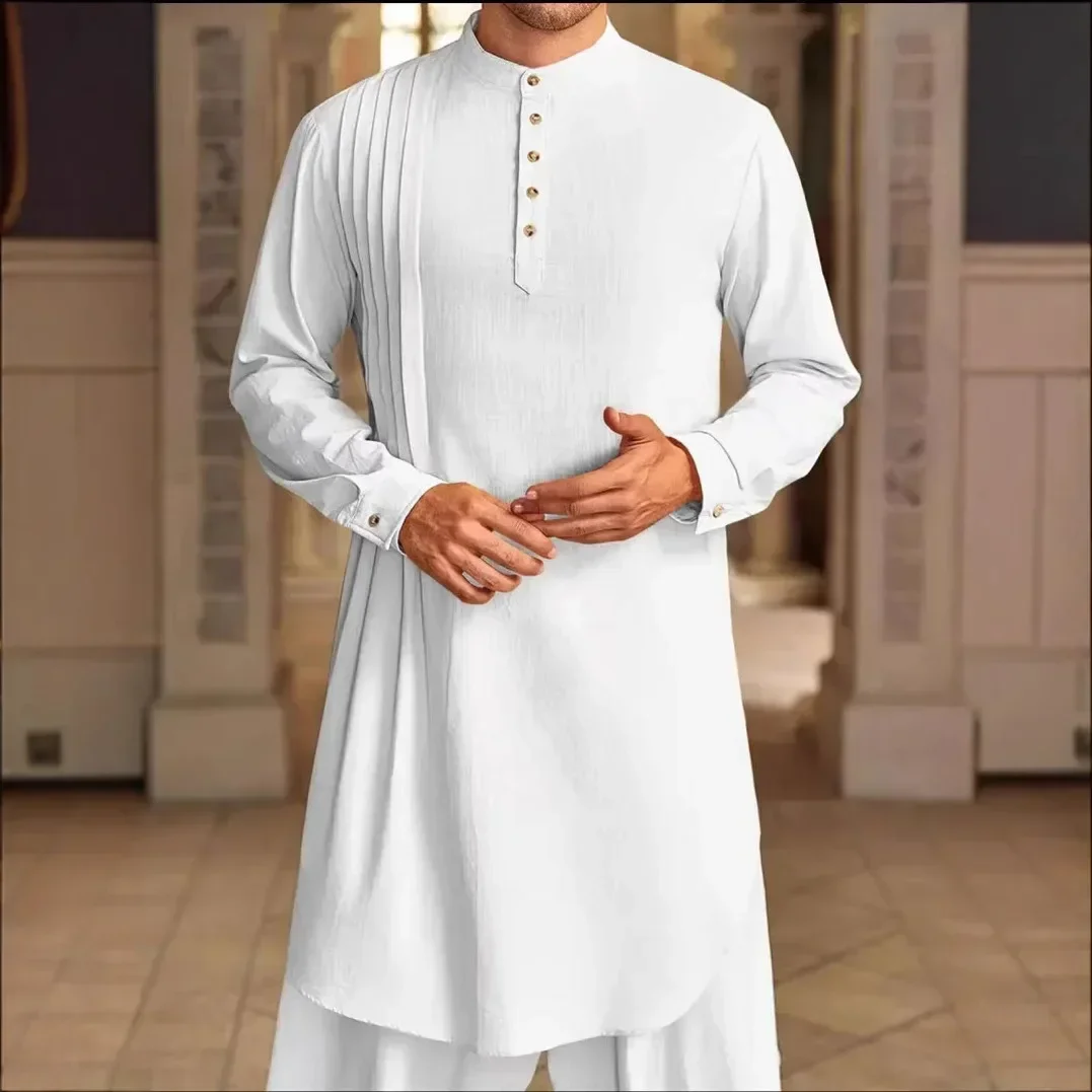 

2026 New Muslim Middle East Arab Malaysia Men's Button Cotton Line Shirt Muslim Robe