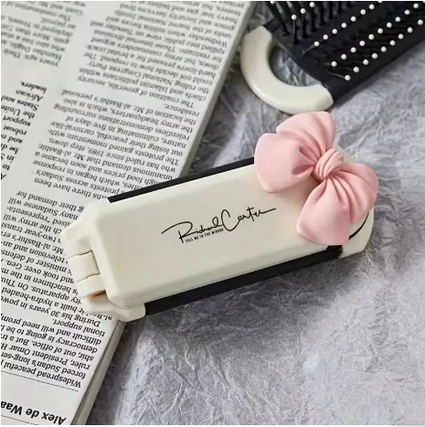 Cute Pink Bow Foldable Hair Brush With Mirror Mini Portable Travel Airbag Comb Pocket Size Anti-static Massage Hair Comb Girls Ladies Daily Hair Styling Tool view 8